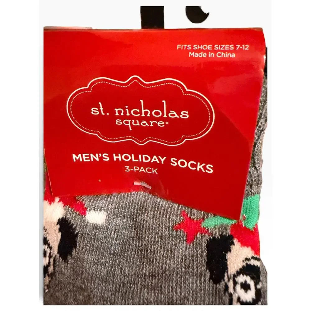 NWT St Nicholas Square Men’s Christmas Holiday Socks 3 Pack Pug Size 7-12